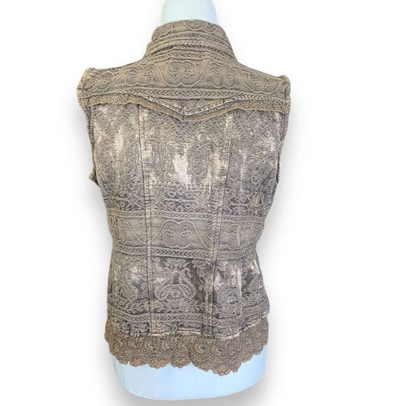 Vintage Flashback Vest Metallic Brown Floral Detail Lace Embroidered High Neck - Picture 8 of 12
